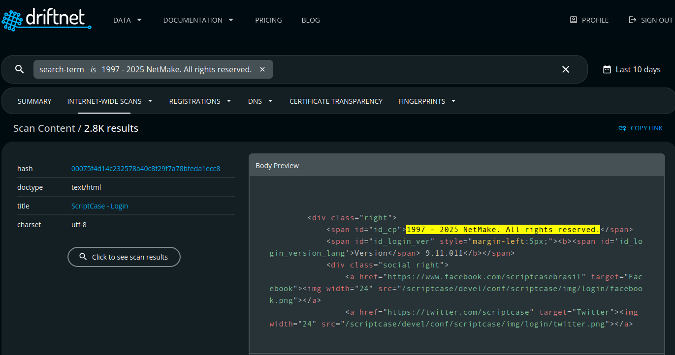 driftnet results for ScriptCase