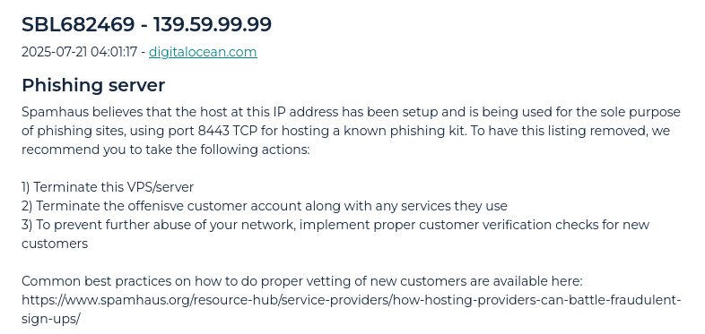 SpamHaus GoPhish block notice